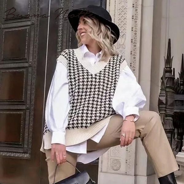 

2020 women houndstooth vest sweater casual v neck sleeveless autumn winter jumper knitted korean style pullover loose, Black;white