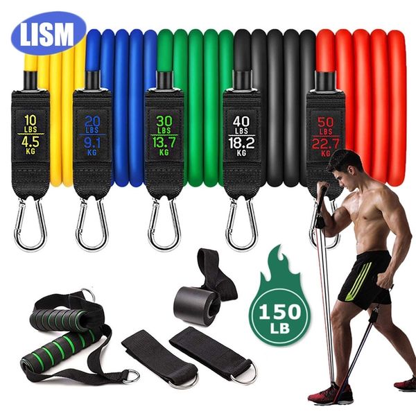 

150lb 11 pcs latex resistance bands set 48'' rubber elastic fitness bands yoga tubes pull rope for training exercise, with bag 220