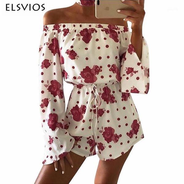 

elsvios women off shoulder floral print playsuits rompers spring summer short jumpsuits casual flare sleeve beach overalls1, Black;white