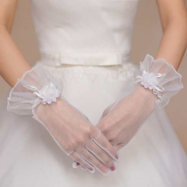 

wedding bridal short gloves women white full finger see through ribbon decor wrist length costume prom party solid color st01 h jllubd