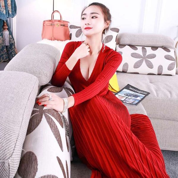 

slim fit long sleeve v-neck knitted drs women's large hem pleated skirt, Black;gray