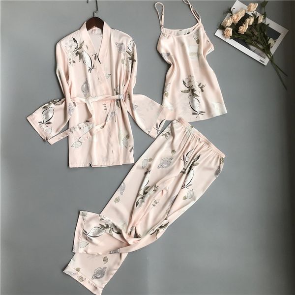 

mechcitiz underwear 3 pieces women's pajamas sets with bathrobe spring female silk sleepwear pijamas sets nightwear robe y200708, Black;red
