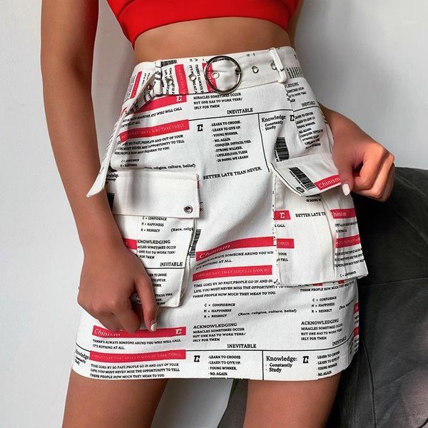 

jiezuofang cool ladies newspaper print big pockets belt skirt 2020 spring summer women fashion hip package party club skirts1, Black