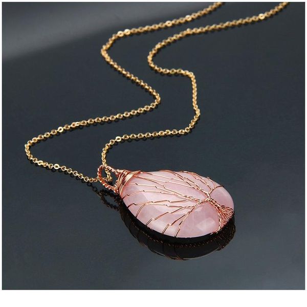 

natural purple quartz opal stone pendants handmade rose gold color tree of life wrapped drop shaped crystal pendant qylkmg, Black