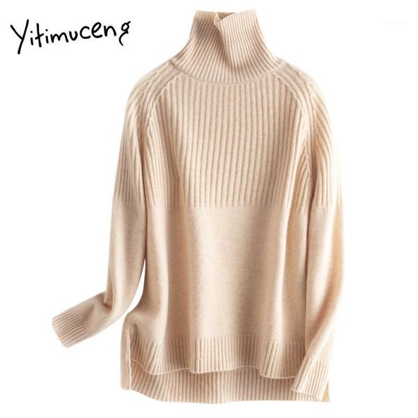 

yitimuceng irregular turtleneck sweaters for women split fall 2020 clothing winter stretch striped soft long sleeve pullovers1, White;black