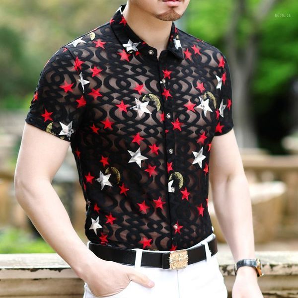 

fashion printing transparent shirt men velvet shirt club designer camisa hombre short sleeve slim fit floral1, White;black