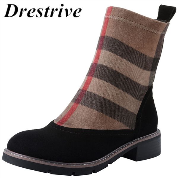 

drestrive women ankle boots kid suede low heels 3.5 cm non slip spring patchwork platform striped lattice black female winter 201020