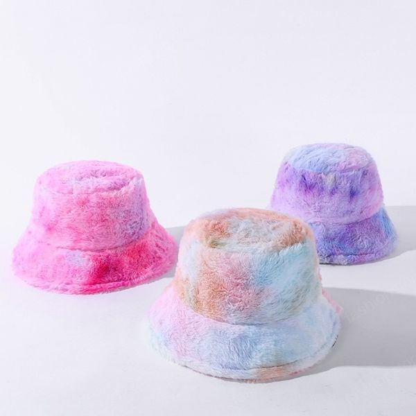 Cappello da pescatore invernale da donna Tie Dye in pelliccia sintetica Bob Fashion Cappello da bacino arcobaleno morbido caldo Lady Girls Cappello da pescatore Panama all'aperto