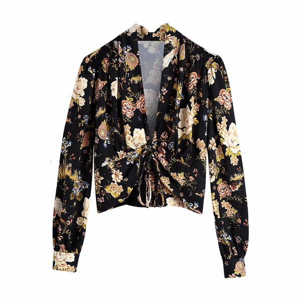 

2021 new black printed crop women vintage deep v neck long sleeve blouse hem ruched adjustable tied casual ladies blouses 7lhd, White