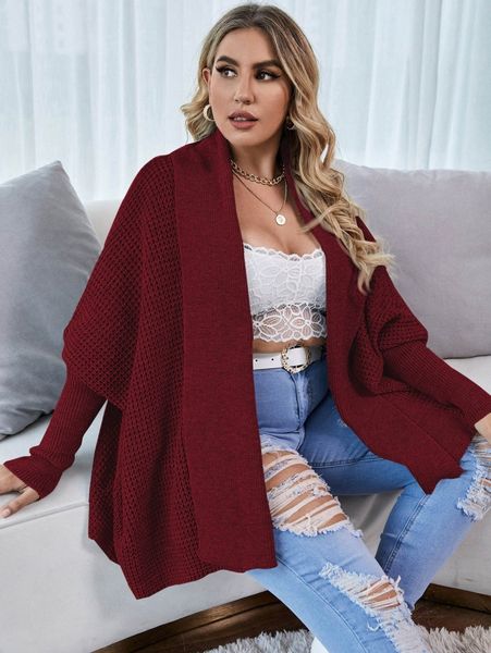 

plus solid batwing sleeve open front cardigan h0m5#, Black