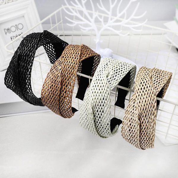 

bohemian cross knotted hairband lady straw weaving hair hoop fashion wide-brimmed women headband solid color vintage headdress q bbymtn