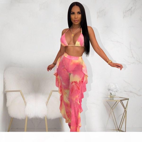 

women summer clothes bra + pants outfits 2 piece set sext womens tracksuits mesh ruffle trousers new swimsuits beachwear suits klw1277, Gray