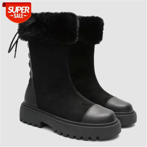 

retro female snow boots shallow round head laceup women's boots fashion plus velvet warm thick with suede christmas #154y, Black