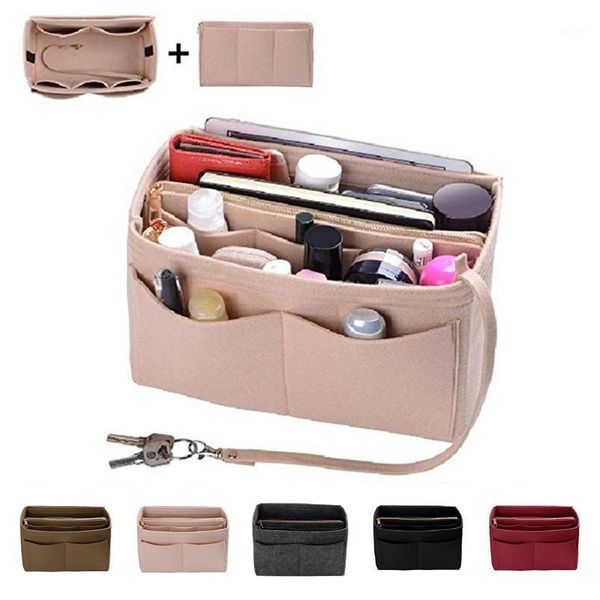 

women girl portable felt fabric purse felt insert bag multi pockets handbag purse organizer holder makeup travel liner pouch1