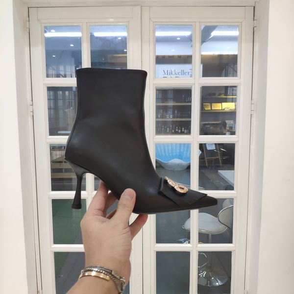 

дизайнерские женские ботинки роскошные черные золотые металлические тазонные украшения заостренный голова среднего каблука высокое качество, Black