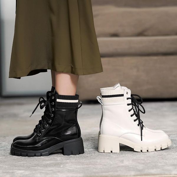 

mordoan genuine cow leather boots women's thick-soled round toe british style lace-up single boots ankle women, Black