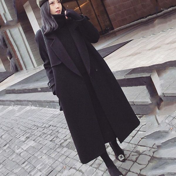 

2020 new autumn winter outerwear mid-long double pocket female woolen coat fashion long sleeve ladies woolen coat cc6241, Black