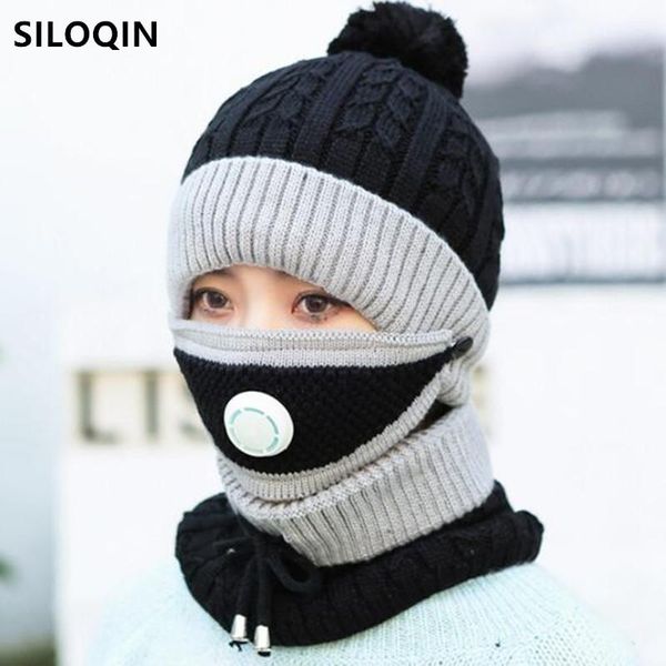 

beanie/skull caps siloqin winter women's warm beanies hat novelty knitted hats with mask plus velvet thickened cold-proof wool cap fema, Blue;gray