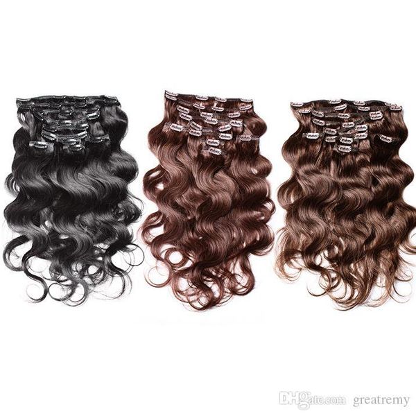 

greatremy #1#2#4 brazilian body wave clip in hair extension remy hair weaves 20-24inch clip human hair extensions 120g set, Black