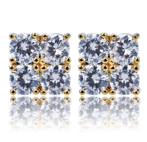 

18k real gold plated hip hop princess cut diamond square stud earrings 0.8cm iced out cz zirconia earring studs rapper wmttzh bdedome, Golden;silver