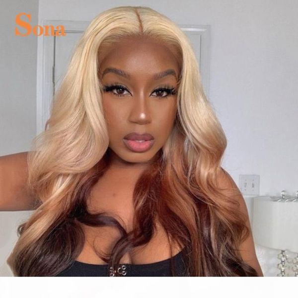 

ombre blonde human hair wig 13x4 lace front wig brazilian remy hair transparent colorful lace frontal wigs body wave, Black;brown