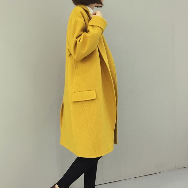 

nice autumn women casual solid split yellow/army green color coat wool blend pocket long sleeve loose overcoatx1020, Black