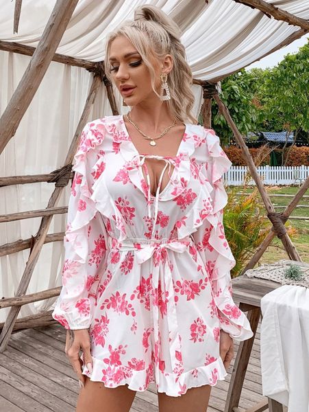 

eilly bazar tie front ruffle trim belted floral romper 05ui#, White