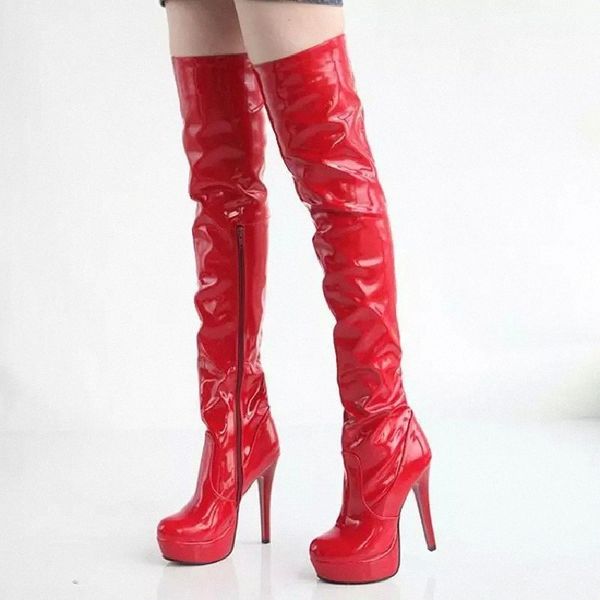 

women shoes fashion stilettos patent leather round toe women shoes pumps platform black red over knee boots female #bh4r