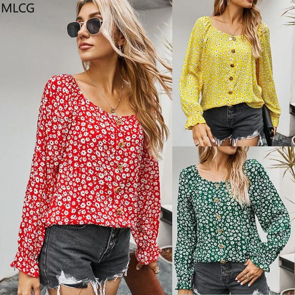 

2020 autumn and winter fashion casual square neck floral loose t-shirt women for women, White