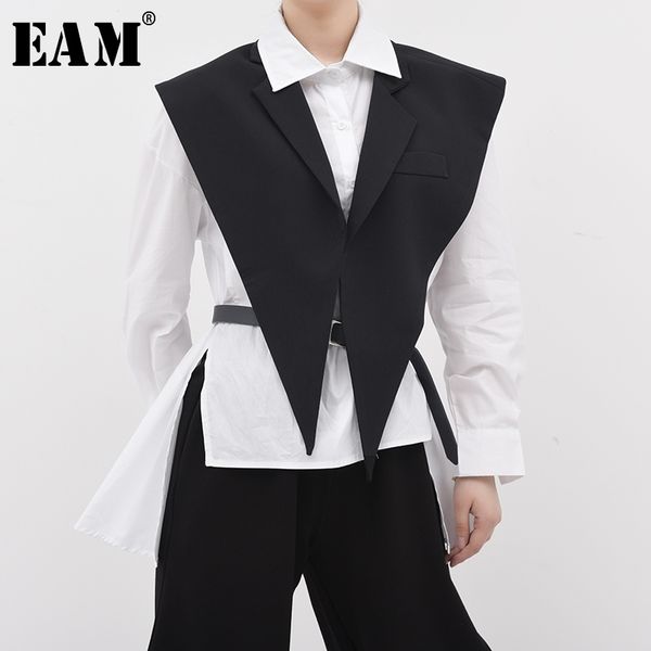 

[eam] women loose fit black brief irregular split joint big size vest new lapel sleeveless fashion spring summer 1u52701 201110, Black;white