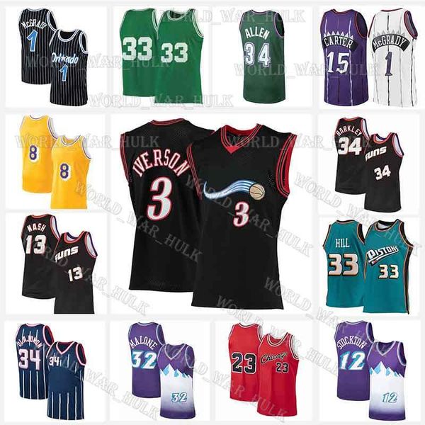 

allen 3 iverson vince 15 carter jerseys ray grant 33 hill steve barkley nash hakeem john olajuwon charles karl tracy malone mcgrady stockton, Black;red
