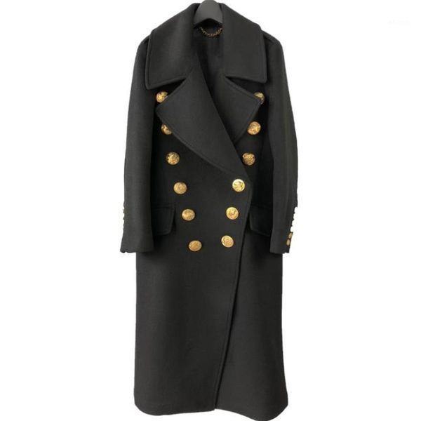 

coat women's buttons double breasted long wool coat overcoat1, Black