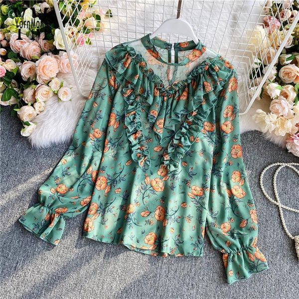 

yornmona 2021 new autumn mesh stand collar blouse shirt elegant vintage ruffled chiffon blouse casual floral print green, White