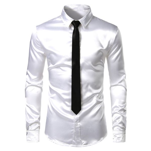 2 pezzi da uomo (camicia + cravatta) Camicie eleganti in raso di seta bianca Camicia slim fit manica lunga abbottonata Camicia maschile da ballo di fine anno Chemise C1222
