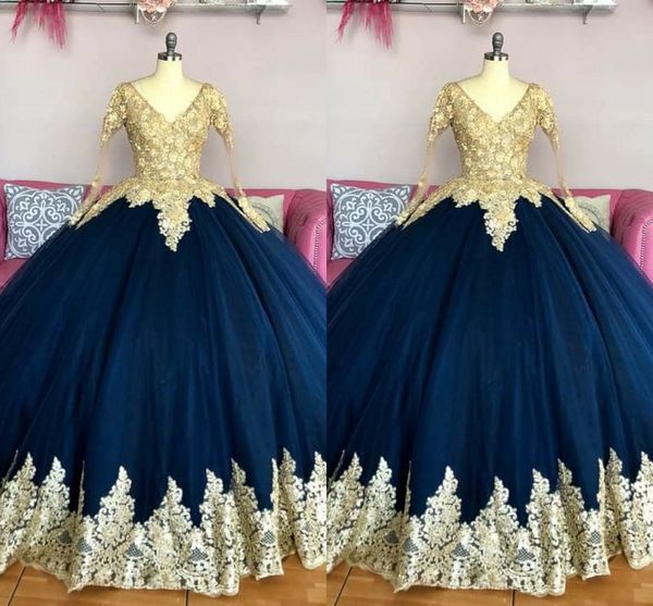 

gold embellishment applique quinceanera dresses with long sleeve 2022 v-neck ball gown tulle prom formal sweet 15 girls 16 dress pageant, Blue;red
