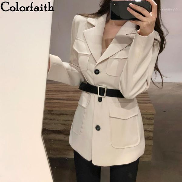 

women's suits & blazers colorfaith 2021 autumn winter women jackets with belt pockets fashionable office lady korean style solid jk7131, White;black