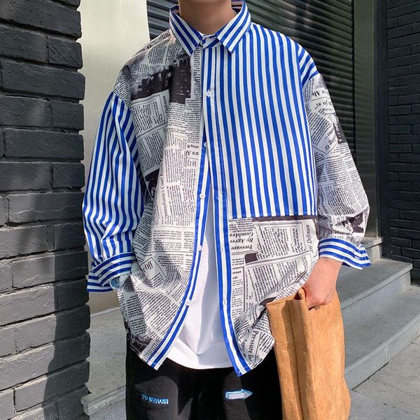 

striped shirt men's fashion dress shirt printed stitching casual men streetwear wild loose long sleeve shirts mens -5xl, White;black