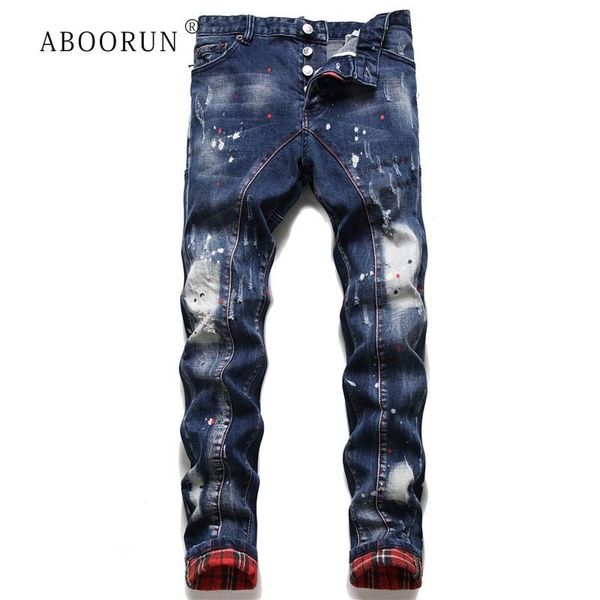 

aboorun 2021 men's skinny painted jeans fashion ripped hole denim pants distressed beggar jeans streetwear, Blue