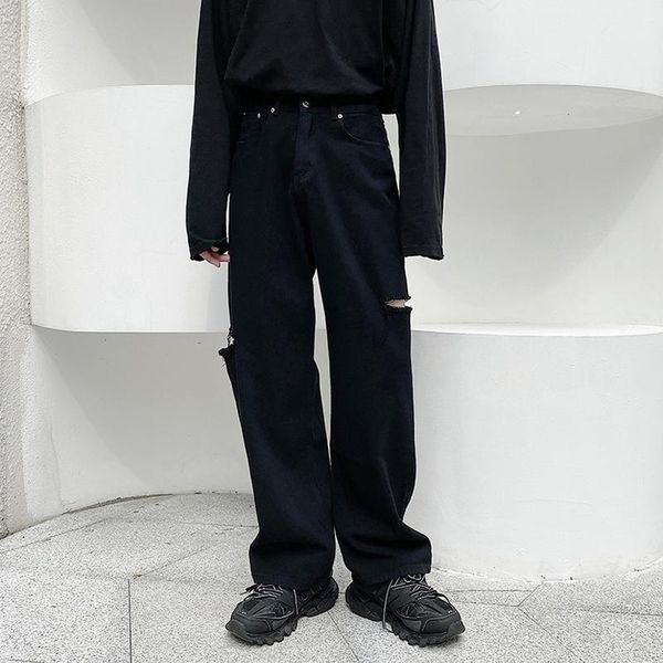 

men's jeans men streetwear hip hop punk gothic casual retro washed wide leg pants black ripped straight for, Blue