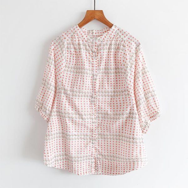 

women's blouses & shirts cotton blouse small shirt stand-up collar polka dot printing fresh lantern sleeve women summer three-quarter s, White