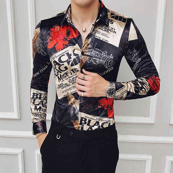 

men's dress shirts club outfits velvet mens long sleeve european winter warm boutique flannel printed clothes bubq, White;black