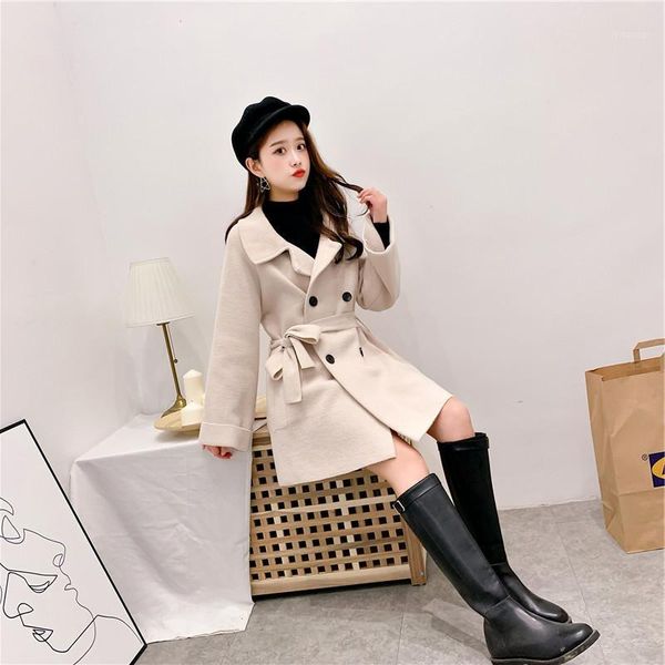 

2020 new autumn winter double breasted loose woolen coat jacket female plus size long sleeve pocket overcoat manteau femme hiver1, Black
