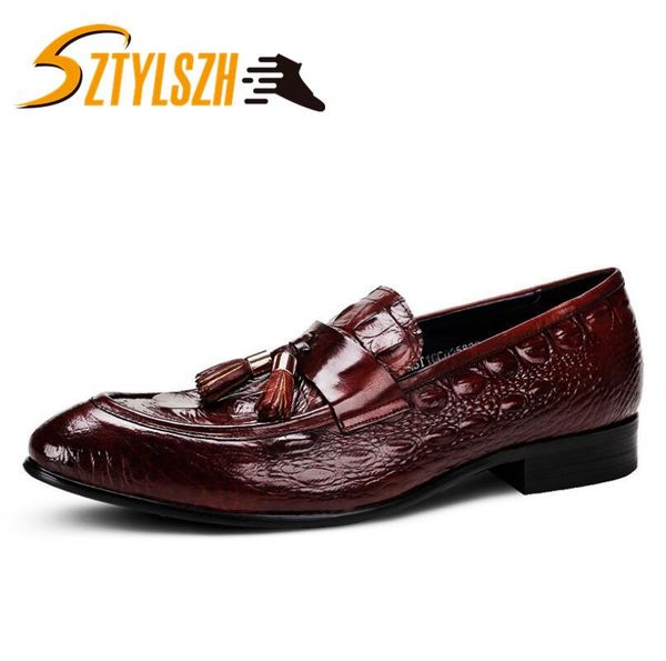 

classic mens loafer genuine leather tassel crocodile pattern slip on formal wedding party banquet dress shoes flats, Black