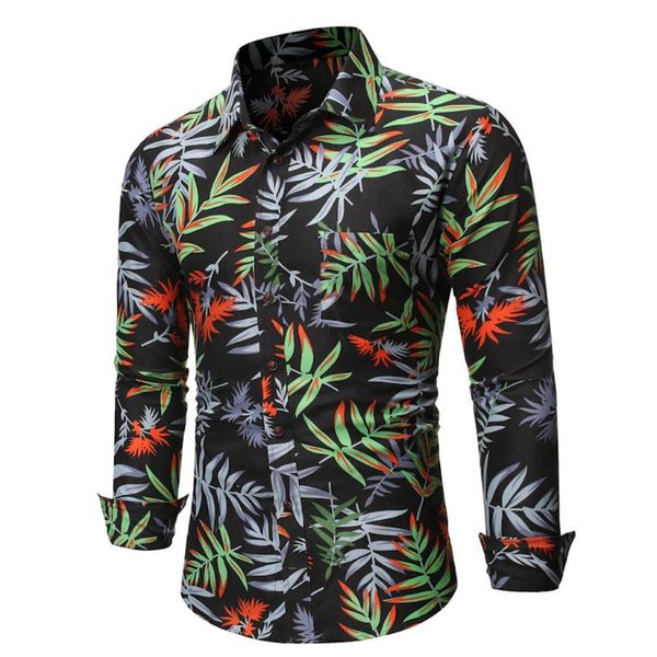 

men's casual shirts feitong leaf printed shirt men 2021 spring summer slim fit long sleeve dress beach blusas camisa, White;black