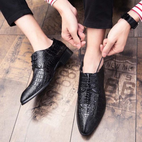 

fashion leather shoes men dress shoe pointed oxfords shoes for men lace up designer luxury formal nice 7.11, Black