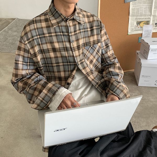 

2021 new privathinker men's plaid long sleeve shirt 2021 woman casual vintage streetwear fashion male shirts clothing kg8a, White;black