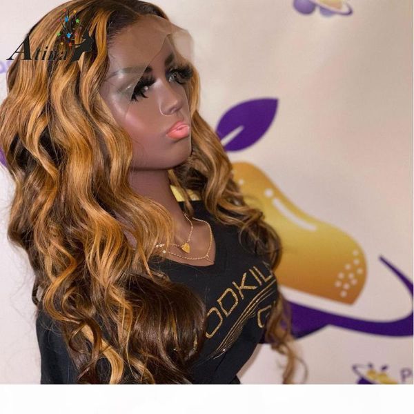 

ombre highlight colored human hair wig pre plucked brazilian natural hairline hd transparent lace wig for black women atina, Black;brown