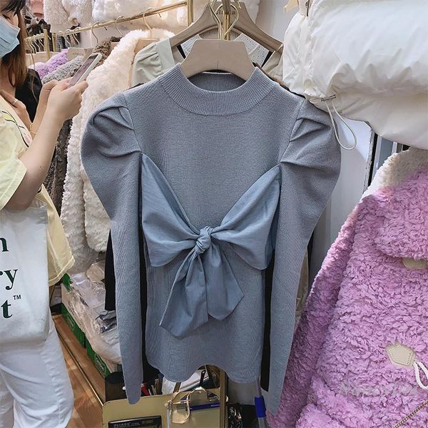

sweater women new round neck stitching wrapped chest bow slim puff sleeve sweaters female lady knit jumper femme, White;black