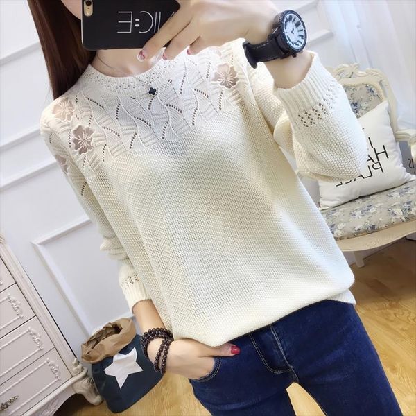 

2019new women knitted bottom shirt lace embroidery long sleeve hollow sweater, large size and thin blouse, spring garment, White;black