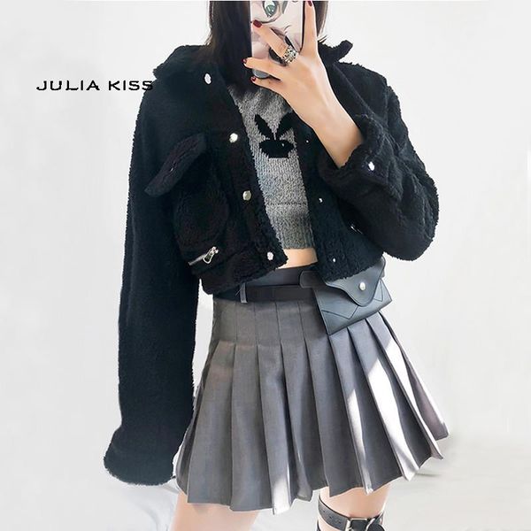 

women pocket front fleece solid cropped teddy jacket with zip detail1, Black;brown